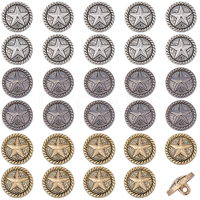 3 Colors 1-Hole Alloy Star with Flat Round Shank Buttons BUTT-GF0004-30B-1