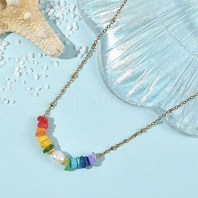 Chakra Natural Freshwater Shell Heishi Beaded 304 Stainless Steel Satellite Chain Necklaces with Natural Pearl for Women NJEW-JN06515-1