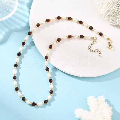 Natural Cultured Freshwater Pearl Rice and Natural Blood Amber Round Beaded Necklaces for Women NJEW-JN06427-1