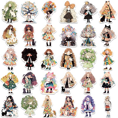 50Pcs Cute Girl PVC Waterproof Self-Adhesive Stickers PW-WG30563-01-1