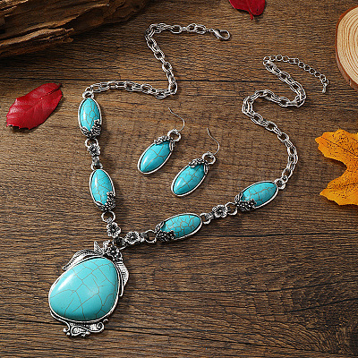 Bohemian Ethnic Style Alloy with Synthetic Turquoise Teardrop Pendant Necklaces & Oval Dangle Earrings Sets FS-WGCAAC5-01-1