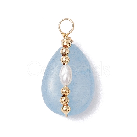 Copper Wire Wrapped Natural Aquamarine & Natural Cultured Freshwater Pearl Beads Pendants PALLOY-JF03645-05-1