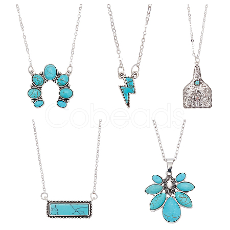 ANATTASOUL 5Pcs 5 Style Flower & Rectangle & Lightning & Cow Tag Synthetic Turquoise Pendant Necklaces Sets NJEW-AN0001-04-1