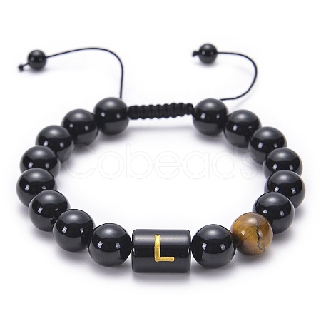 10MM Natural Black Onyx(Dyed & Heated) and Tiger Eye Alphabet Round Braided Bead Adjustable Bracelets for Women DM6424-12-1