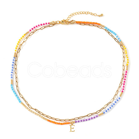 Colorful Glass Seed Beaded Initial Pendant Double Layer Necklaces QS3881-5-1