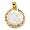 Rack Plating Brass Micro Pave Clear Cubic Zirconia Flat Round Pendants, Carved Natural White Shell Charms, Golden, Angel & Fairy, 22.5x19x3.5mm, Hole: 5X2.5mm