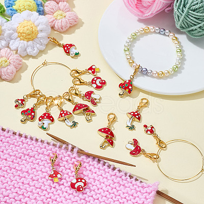 16Pcs 8 Styles Mushroom Alloy Enamel Pendant Locking Stitch Markers HJEW-HY00115-1