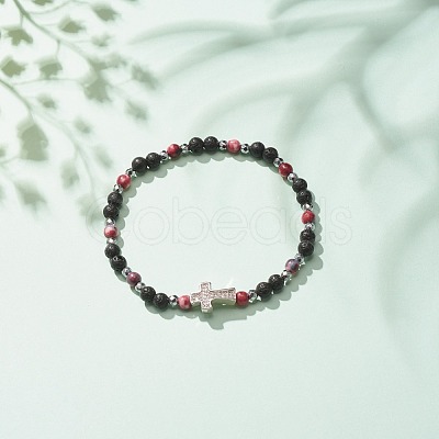 Natural & Synthetic Mixed Gemstone Beaded Stretch Bracelet with Clear Cubic Zirconia Cross for Women BJEW-JB08247-01-1