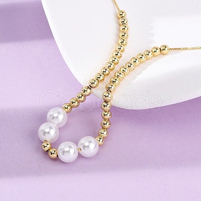 Brass & ABS Imitation Pearl Round Beaded Adjustable Slider Necklaces BJEW-H209-02G-1