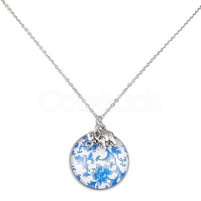 Steel Blue Glass Flat Round & Alloy Pendant Necklace NJEW-JN04453-02-1