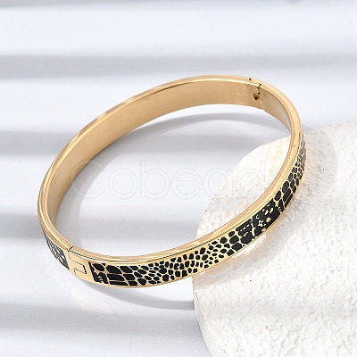 304 Stainless Steel Black Enamel Animal Skin Print Hinged Cuff Bangles for Women SA-CBAC920-02G-1