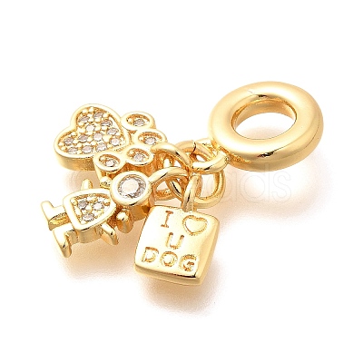 Brass Clear Cubic Zirconia Paw Print & Girl & Letter European Dangle Charms KK-U048-26G-1