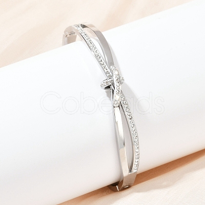 201 Stainless Steel with Rhinestone Bangles for Women BJEW-B138-03P-1