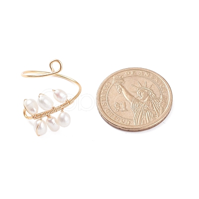 Copper Wire Wrapped Natural Cultured Freshwater Pearl Cuff Rings for Women RJEW-JR00438-1