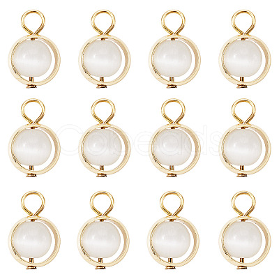 12Pcs Brass & Glass Imitation Cat Eye Round Charms PALLOY-TAC0237-01-1