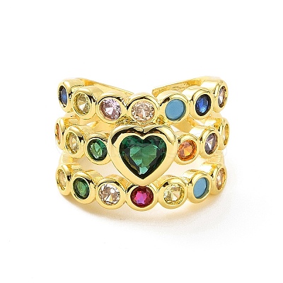 Colorful Cubic Zirconia Heart Open Cuff Ring RJEW-C061-03G-1