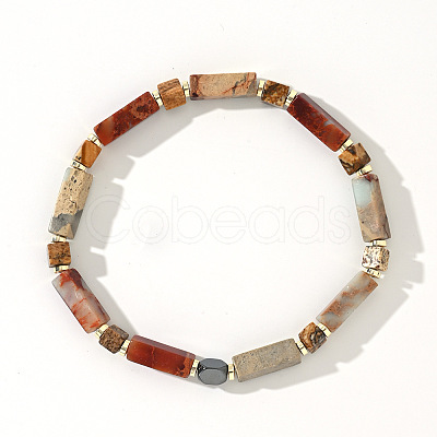 Vintage Bohemian Synthetic Aqua Terra Jasper & Non-magnetic Hematite & Natural Picture Jasper Cuboid Beaded Stretch Bracelets for Men YF8197-1