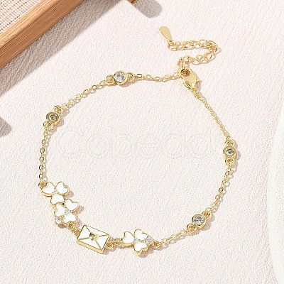 Brass Pave Clear Cubic Zirconia Clover Envelope Link Bracelets KK-CBA6980-18G-1