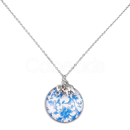 Steel Blue Glass Flat Round & Alloy Pendant Necklace NJEW-JN04453-02-1