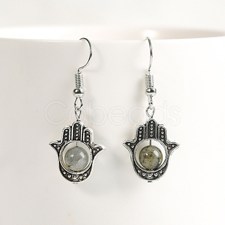 Natural Crystal Stone Hamsa Hand & Round Dangle Earrings UB8598-7-1