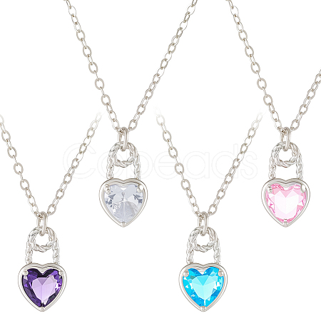 4Pcs 4 Colors Heart Brass Cubic Zirconia Pendant Necklaces for Women NJEW-HY0001-28-1
