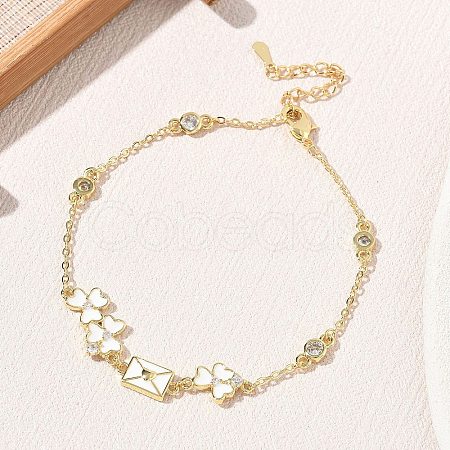 Brass Pave Clear Cubic Zirconia Clover Envelope Link Bracelets KK-CBA6980-18G-1