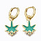 Brass Enamel Huggie Hoop Earrings, Nickel Free, Real 16K Gold Plated, Maple Leaf, Green, 27x13mm, Pin: 1mm