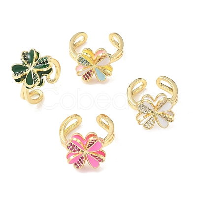 Brass Micro Pave Cubic Zirconia Enamel Cuff Open Rings RJEW-Z145-02G-1