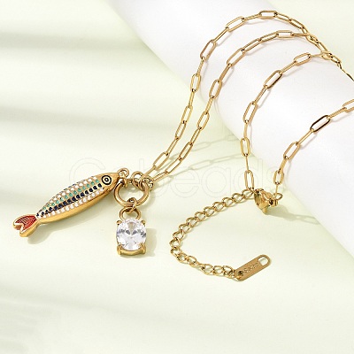 Ocean 304 Stainless Steel Enamel Fish Pendant Paperclip Chain Necklaces with Clear Cubic Zirconia SA-CBAD22F-07G-B-1