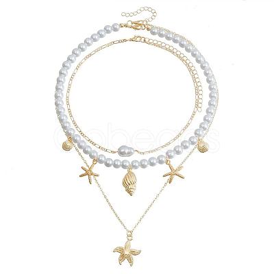 Summer Beach Alloy Starfish Pendant Shell & Imitation Pearl Beaded 3 Layer Necklaces for Women FS-WGA3F17-01-1