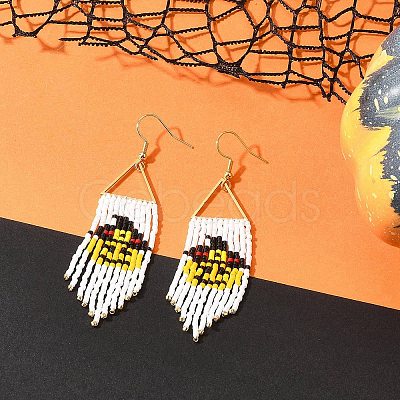 Halloween Theme Glass Seed Braided Pumpkin Chandelier Earrings EJEW-MZ00085-1