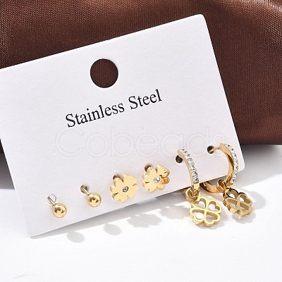 304 Stainless Steel Rhinestone Clover & Round Earring Sets EJEW-Z098-13G-1