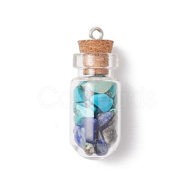 5Pcs 5 Styles Clear Glass Wishing Bottle with Mixed Gemstone Chip Inside Pendants PALLOY-JF04164-1