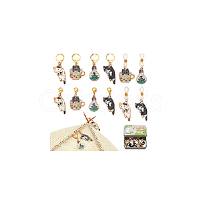 Cat Alloy Enamel Locking Stitch Markers & Needle Cap Set HJEW-NB00142-1