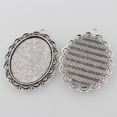 Tibetan Style Antique Silver Alloy Flat Oval Pendant Cabochon Settings X-TIBEP-M022-58AS-1