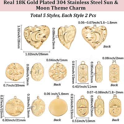 10Pcs 5 Styles Moon & Star Theme 304 Stainless Steel Pendants STAS-BBC0009-33-1