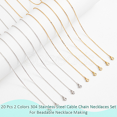 20Pcs 2 Colors 304 Stainless Steel Cable Chain Necklaces Set MAK-NB0001-21-1