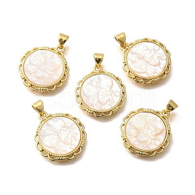 Brass with Natural Shell Carved Pendants KK-Z091-07G-02-1