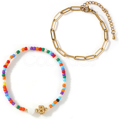 2Pcs 2 Styles Glass Seed Beads & Natural Shell & 304 Stainless Steel Beads Stretch Bracelest & Brass Paperclip Chain Bracelets Set for Women GY4605-2-1