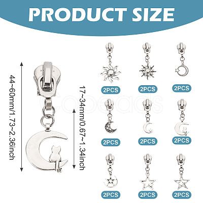 18Pcs 9 Styles Alloy Replacement Zipper Sliders with Sun Moon Star Charms HJEW-TAC0088-1