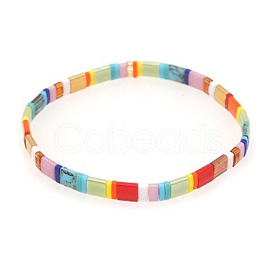 Bohemian Rainbow Glass Flat Double-Hole Bead Striped Women's Stretch Bracelets for Women QS8192-7-1