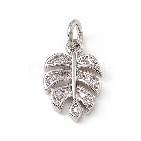 Brass Micro Pave Clear Cubic Zirconia Leaf Charms ZIRC-F132-62P-1