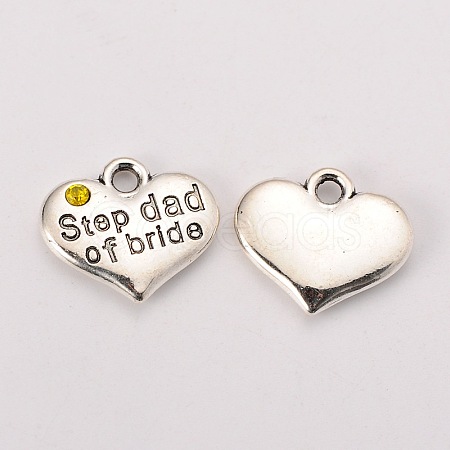 Wedding Theme Antique Silver Tone Tibetan Style Alloy Heart with Step Dad of Bride Rhinestone Charms TIBEP-N005-22D-1
