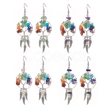 Natural & Synthetic Mixed Gemstone Chips Tree of Life with Alloy Feather Chandelier Earrings EJEW-JE05213-1