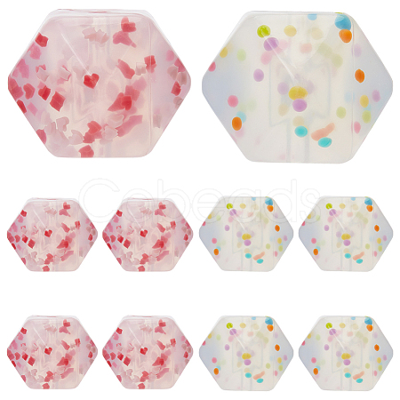 8Pcs 2 Colors Hexagon with Heart Pattern Silicone Focal Beads SIL-GF0001-52-1