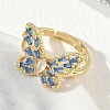 Adjustable Brass Butterfly Finger Rings with Light Blue Cubic Zirconia CU-CBA7E55-18G-02-3