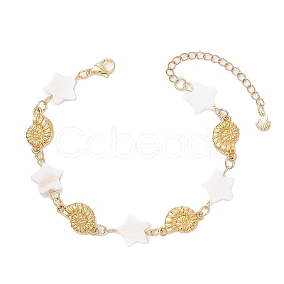 Natural Freshwater Shell Beads & Shell Shape 304 Stainless Steel Connector Charms Link Bracelets for Women BJEW-JB12216-01-1