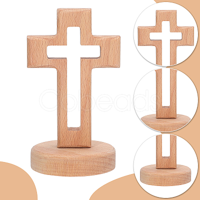 Wood Cross Figurines Ornaments DJEW-WH0016-75-1