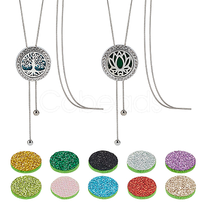2Pcs 2 Styles Adjustable Stainless Steel Hollow Flat Round Diffuser Locket Pendant Lariat Necklaces NJEW-PH0001-49-1