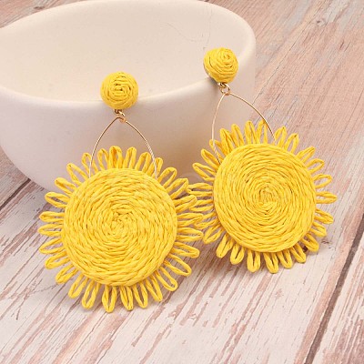 Flower Alloy & Raffia Dangle Stud Earrings FS-WGE45CE-04-1